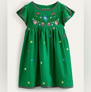 Mini Boden Green Dress with Colorful Floral Embroidery